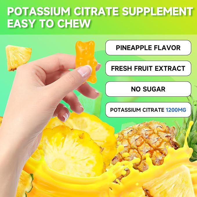 Potassium Citrate Gummies, High Potassium Supplement Gummies 1200mg Support Leg Cramps & Muscle Health, Potassium Gummies for Adults & Kids, Vegan, Pineapple Flavor 60 Count