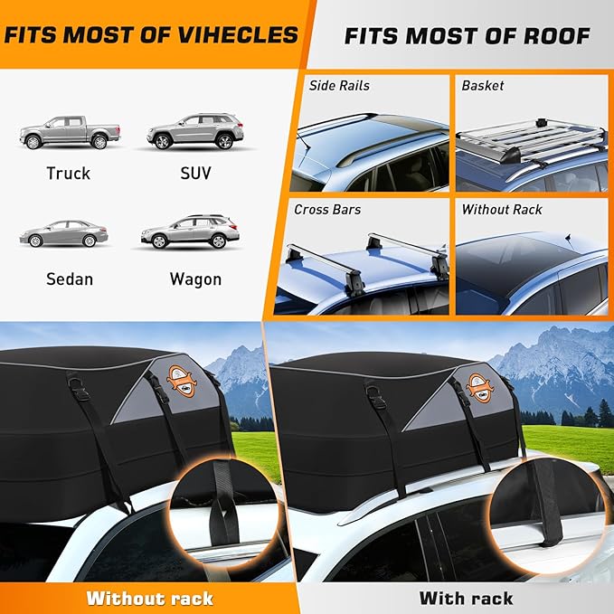 Sailnovo Rooftop Cargo Carrier, 20 Cubic Feet Waterproof Vehicle Soft-Shell Carriers for Cars with/Without Luggage Rack, Roof Rack Cargo Carrier Includes 6 Door Hooks, Reinforced Strap