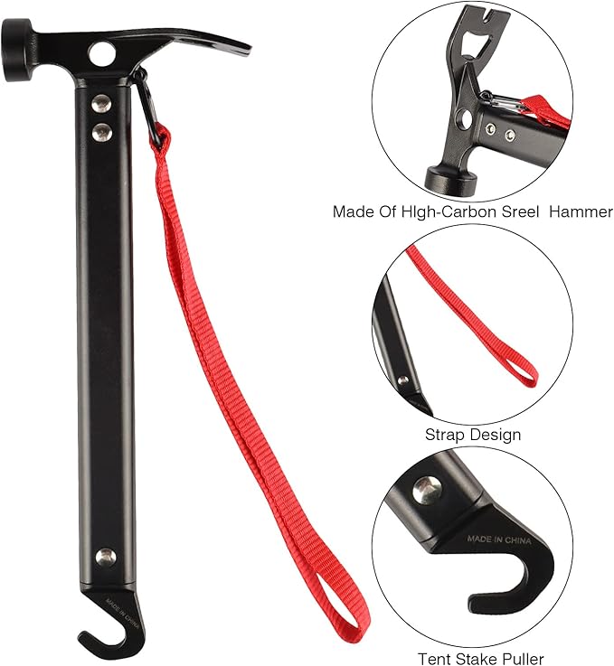 Tent Stakes Heavy Duty & Hammer Set,with 12in Tent Stake Remover +10 in Steel Tent Pegs+Storage Bag +Fluorescent Rubber Circle for Camping Used on Rocks, Grassland,Canopies (10"- 4pack & 12" Hammer)