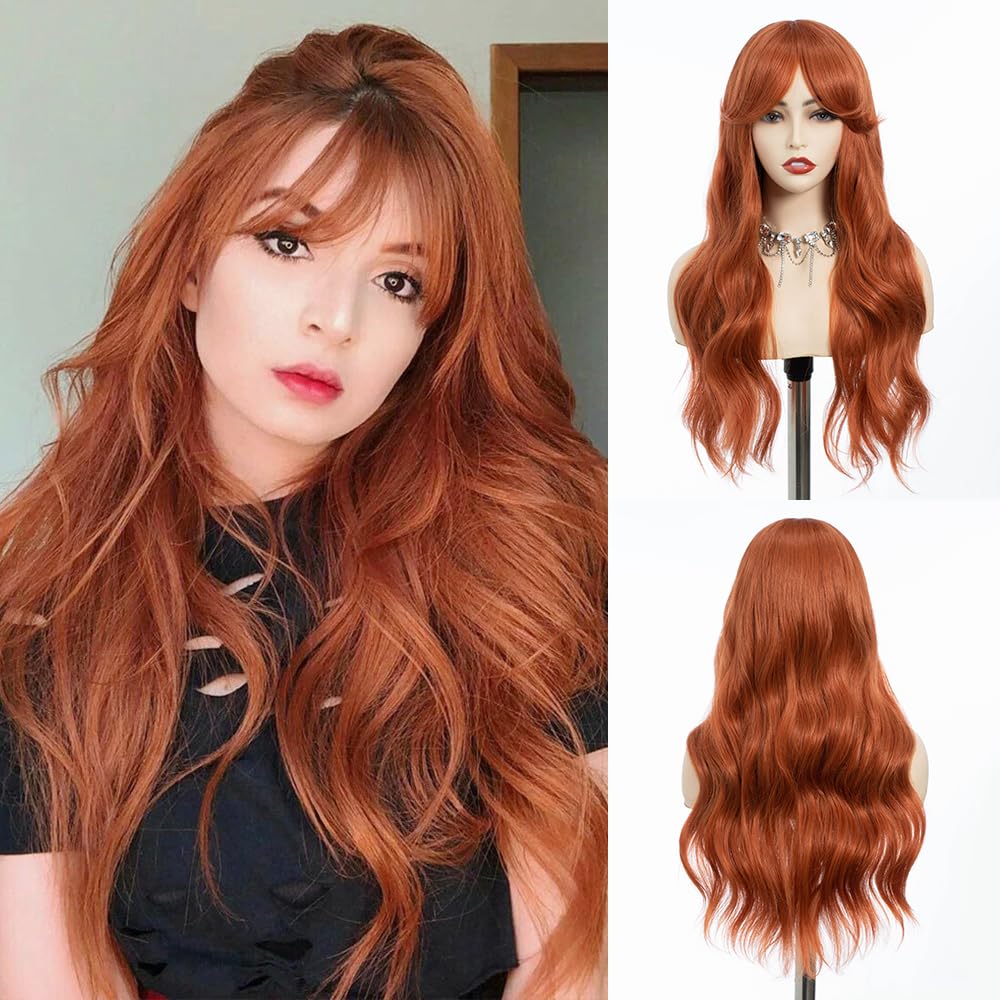 REBECCA STYLE Long Orange Wig with Bangs 24 Inch Long Wavy Wigs with Bangs for Women Synthetic Curly Wigs Hair Replacement Wigs for Girls Daily Party Use Natural Looking (Dark Orange)