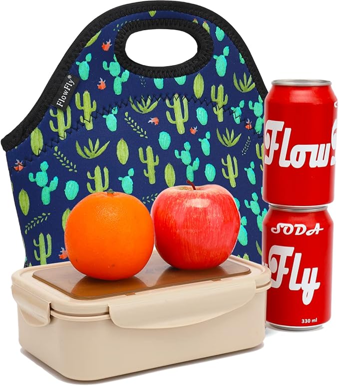 FlowFly Neoprene Lunch Tote Insulated Thermal Reusable Lunch Bag Box for Boys Men with Zipper (Cactus)
