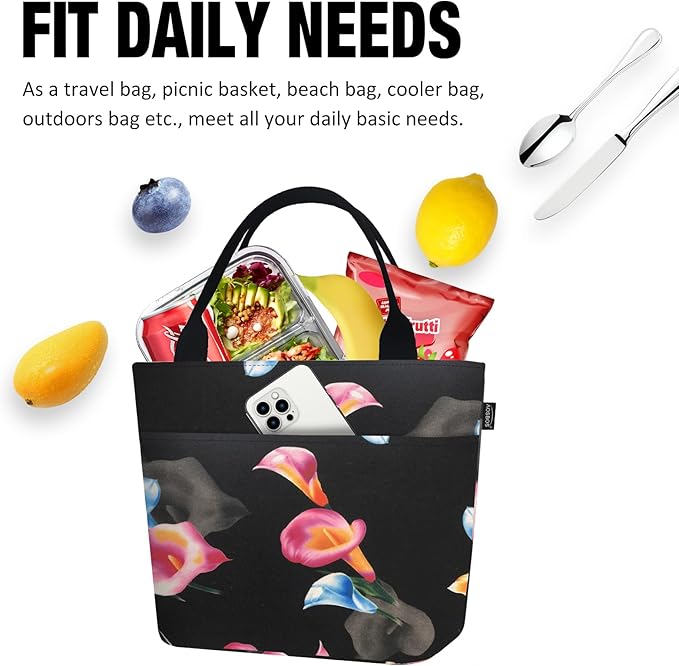 Aosbos Lunch Bags for Adult Lunch Box for Women Reusable Insulated Lunch Box Tote Bag Leakproof Lunch Bags Black Loncheras Para Mujer Lunch Tote Cooler Bag Insulated Bag Lunchboxes, Calla Lily