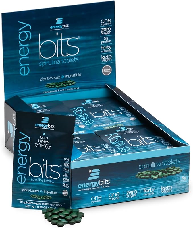 ENERGYBITS - Organic Spirulina Tablets - Plant-Based Algae Superfood - for Focus, Fitness, Energy - Plant Protein - Gluten Free - Collagen, Vitamin B12, Omega 3 - Keto & Vegan - 900 Algae Tablets
