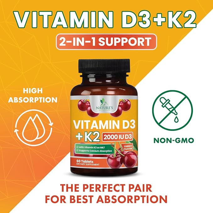 Vitamin D3 K2 2000 IU Plus with K2 (MK-7) 75 mcg - Vitamins D & K Complex Supplement for Bone, Teeth, Muscle, Calcium Absorption, Supports Immune & Heart Health, Non-GMO Chewable Formula - 60 Tablets