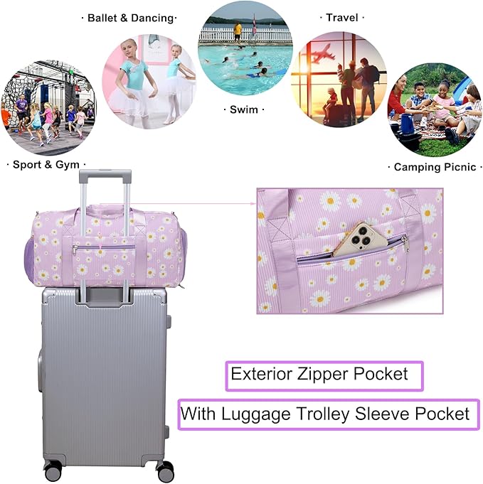 Dance Bag Ballet Bag for Girls Teen Travel Duffel Bags Sports Gym Bag Yoga Bags Cheer Bag Girls Weekender Bag Corduroy Daisy Dance Bag with Shoe Compartments（purple daisy）