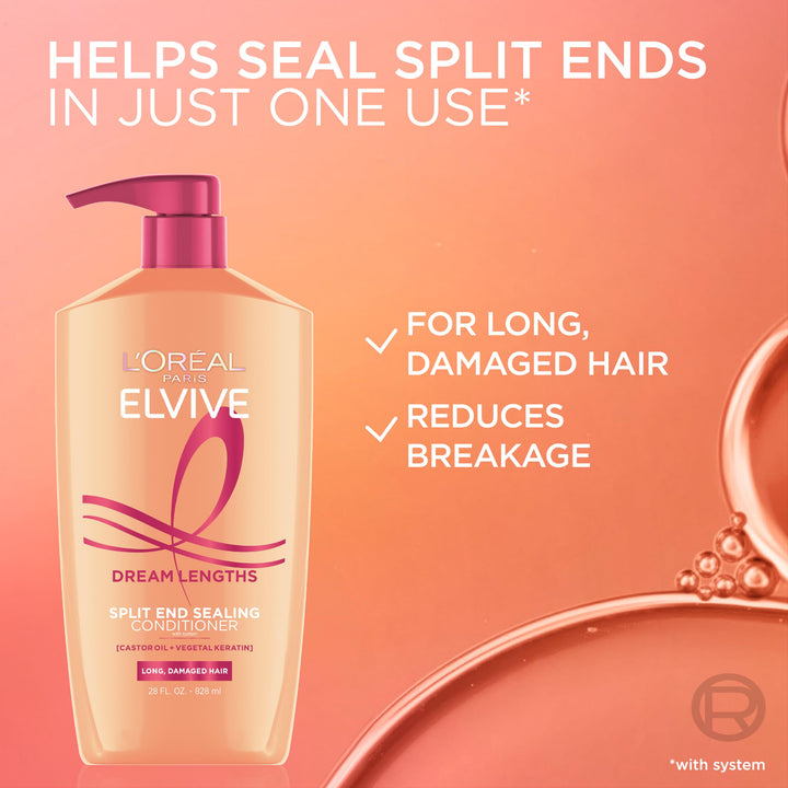 L'Oreal Paris Elvive Dream Lengths Super Detangling Conditioner With Fine Castor Oil and Vitamins B3 and B5 for Long, Damaged Hair, Instantly Detangles To Reduce Breakage With System, 28 Fl Ounce