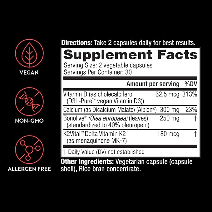 Osteo Plus 4-in-1 Comprehensive Supplement - Calcium with Vitamin D3, K2 and Bonolive - Supports Healthy Aging - Gluten-Free, Non-GMO, Vegan (60 Count)