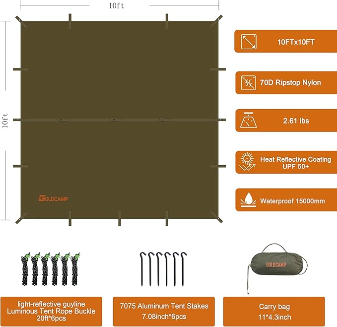 GOLDCAMP Waterproof Camping Tarp，70D Nylon 10''X10'' Hammock Rain Fly ，UV 50+ and PU15000mm Tent Tarp Shelter Canopy，Heavy Duty Multifunctional Sun Shade or Rain Fly Essentials for Hiking Backpacking