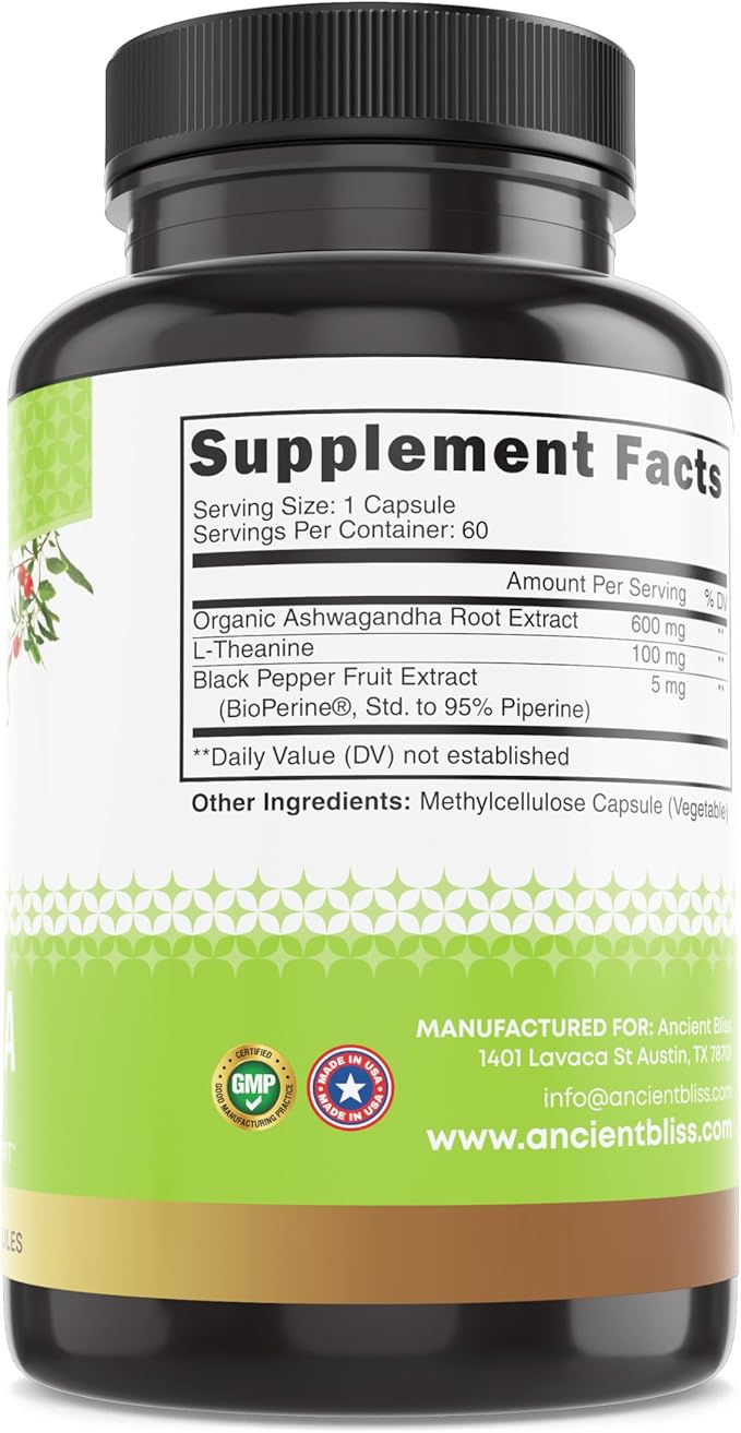 Ancient Bliss Ashwagandha with L-Theanine & Black Pepper Extract Capsules, Energy & Natural Mood Support Supplement, Focus Supplement for Adults