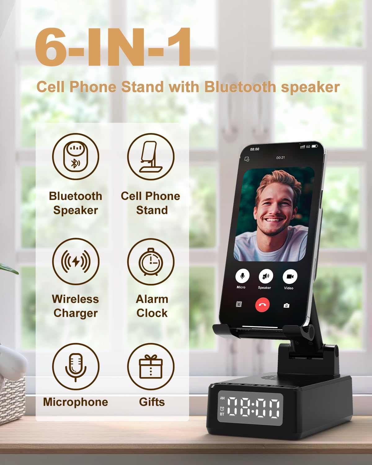 Birthday Gifts for Men Women, Bluetooth Speaker with Wireless Charger & Phone Stand, Gifts for Him, Foldable Angle & Height Stand with Alarm Clock, Ideal for Dad Mom, Tech Gadget Stocking Fillers