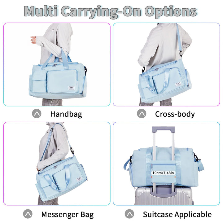 FIORETTO Women's Water-Resistant Gym Duffle Bag with Shoes Compartment, 37L Capacity, Multi-Functional, Ideal for Travel, Gym, Sports, Weekender, with Toiletry Bag, Light Blue