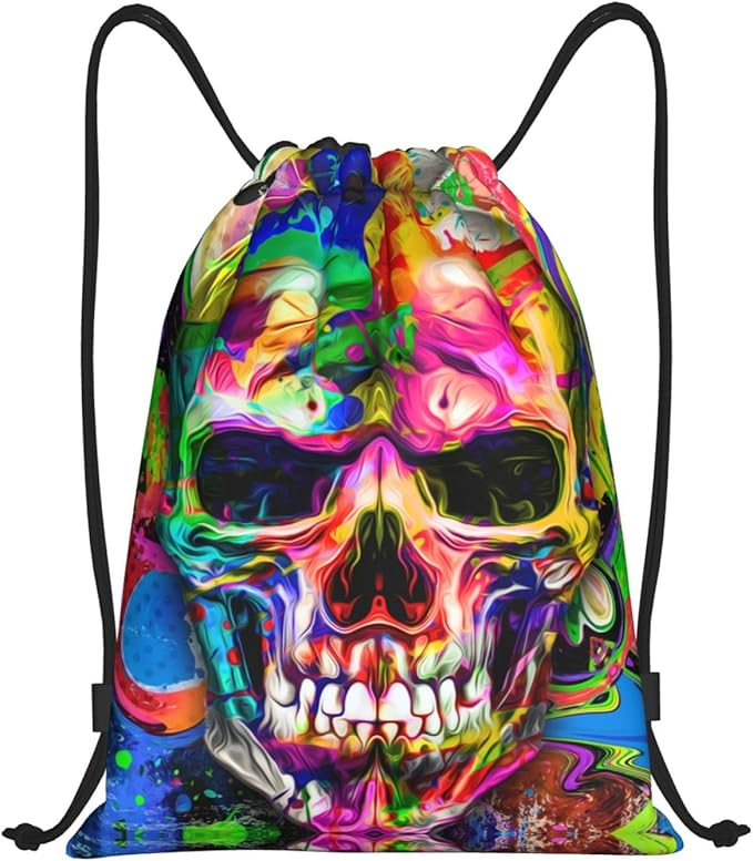Colorful Skull Drawstring Backpack, Halloween Drawstring Bag, Theme Party Masquerade Decorations Sack String Bag Cinch Waterproof Sackpack for Sport Gym