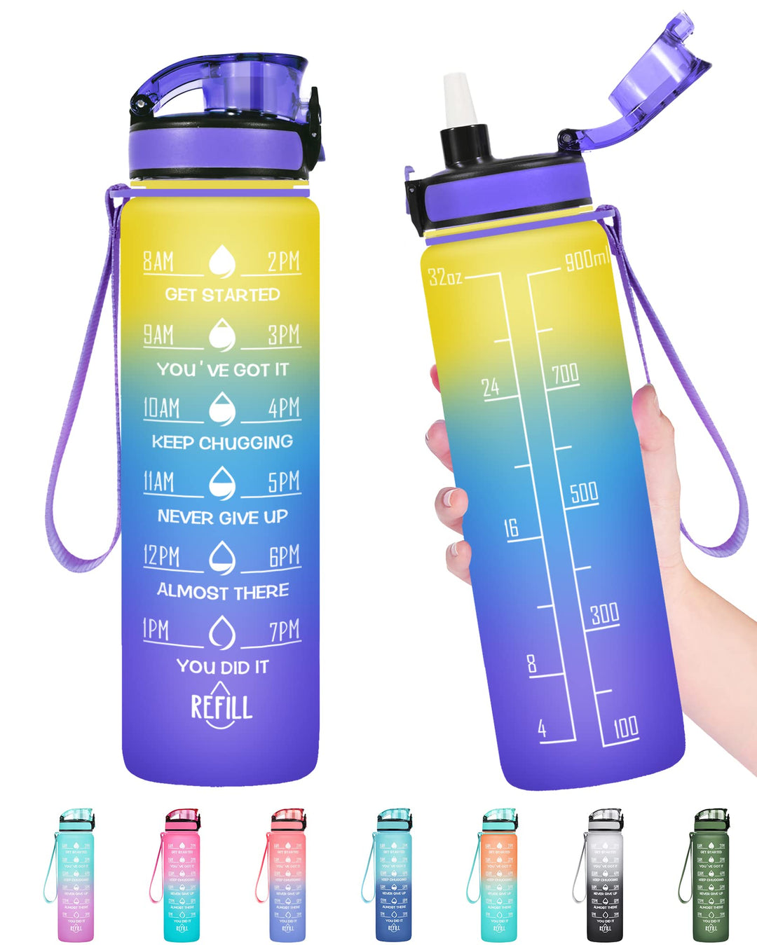 Enerbone 32 oz Water Bottle, Leakproof BPA & Toxic Free, Motivational Water Bottle with Times to Drink and Straw, Fitness Sports Water Bottle with Strap for Office, Gym, Outdoor Sports