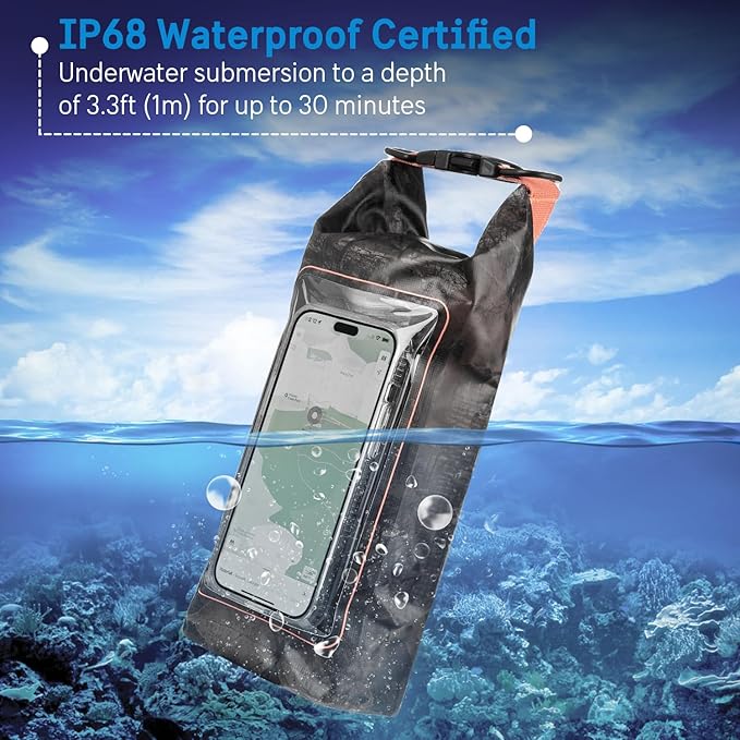 Pelican Marine IP68 Waterproof Dry Bag 2L - Roll Top Waterproof Backpack w/Phone Case/Pouch - Boating & Kayak Accessories - Essentials for Camping Swimming Beach Fishing Rafting Travel - Hunter Camo