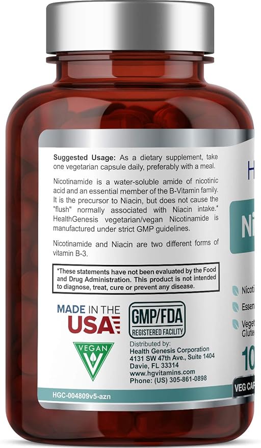 B-3 Nicotinamide 500 mg 100 Vcaps - Nicotinic Amide Niacin Natural Flush-Free Vitamin Formula - Supports Skin Cell Health