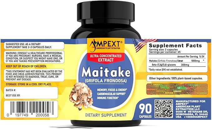 Maitake Mushroom Extract - Premium Quality, Only Fruiting Bodies, Source of Beta-Glucans, Heart & Cardiovascular Welness, Vitality & Resilience, Memory Booster, Immune Support, 90 Veg Caps.