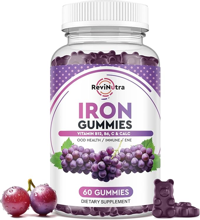 Iron Gummies - with Calcium, Zinc, Folate & Vitamin B12, C, B6 for Adults & Kids - Blood Builder & Energy Support for Iron Deficiency, Anemia, Vegan - Grape Flavour,60 Gummies