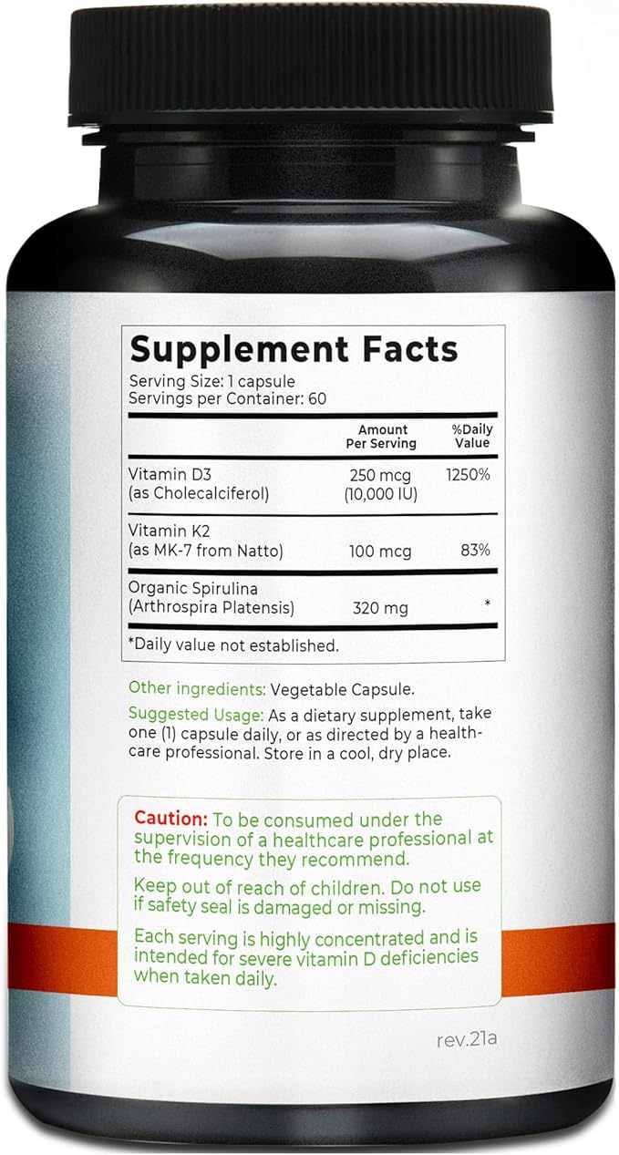 Why Not Natural Vitamin D3 K2 (MK-7) with Organic Spirulina, 10000 IU Extra Strength Supplement in Veggie Capsules, Supports Bone Health, Immune System and Mood