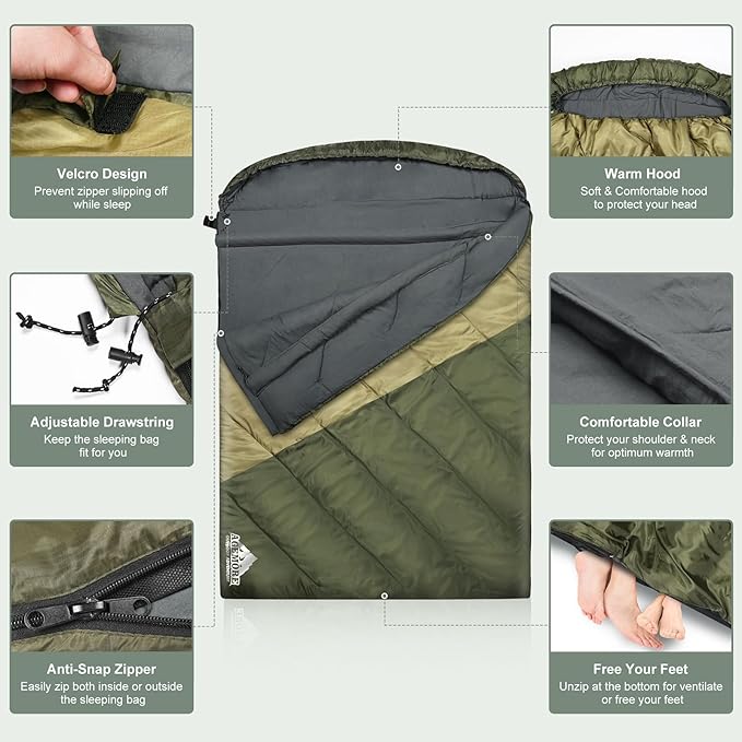 AGEMORE Sleeping Bag for Adults, Double and Single Size, Lightweight Portable Camping Sleeping Bag with Draft Tubes, Fit for Warm & Cold Weather Camping Hiking Backpacking Or Traveling