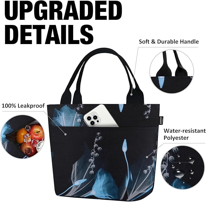 Aosbos Large Lunch Bags for Adult Lunch Box for Women Insulated LunchBox Soft Cooler Tote Bag Food Organizer Holder Lunchbag Black Dream Flower