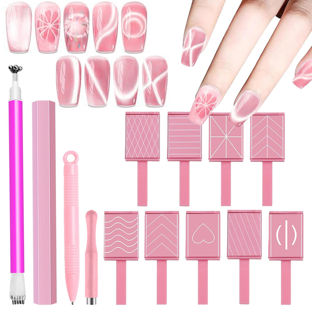WOKOTO 13Pcs Pink Cat Eye Nail Magnets For Cat Eye Nails Art Magnet Tools Cute Pink Series Cat Eye Magnet For Nails Flower Cylindrical Magnet For Women Nails Magnetic Nail Polish Magnets Tools