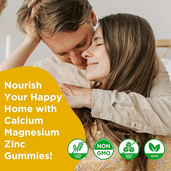 Calcium Magnesium Zinc Gummies with Vitamin D3, Sugar Free Calcium Gummies for Women Men, High Potency Magnesium Gummies for Bone & Muscle & Immune Health, Pineapple Flavor - 60 Count