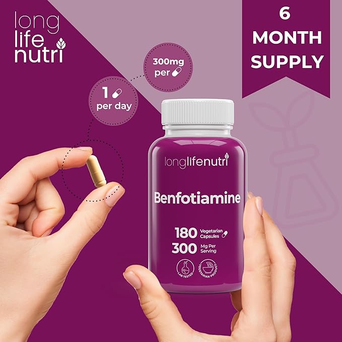 Benfotiamine 300mg – 180 Vegetarian Capsules, 6-Month Supply, Fat-Soluble B1 Thiamine Supplement for Energy and Wellness, Lab Tested, Made in USA