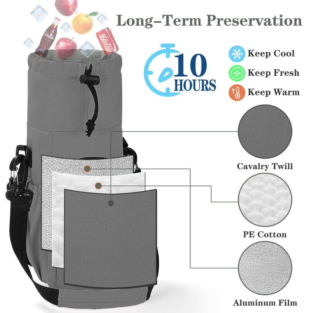 FCQQYWZ 25/32/40 oz Water Bottle Carrier Bag Sling Case, Sports Insulated Crossbody Water Bottle Holder with Adjustable Shoulder Strap and 4 Pockets for Men Women Hiking Camping Travelling (GRAY)
