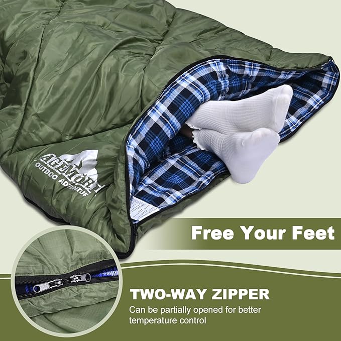 AGEMORE Cotton Flannel Sleeping Bag with Fleece Lined Hood, Waterproof XL Sleeping Bag for Adults, for Cold Weather Camping Backpacking or Hiking, 3-4season with Compression Sack