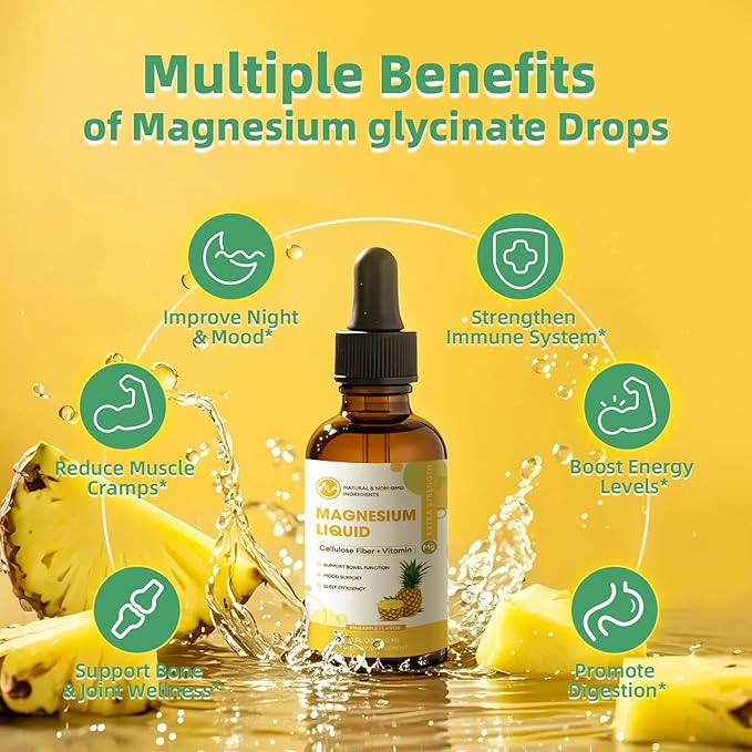 Liquid Magnesium Supplement with Cellulose Fiber, Bromelain, Vitamin B6, C, D, Zinc, Pineapple Flavor, 1 Fl Oz (Pack of 3)