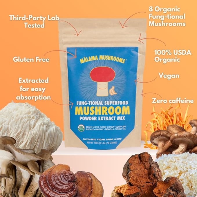 8-Mushroom Extract Powder by Malama, Organic Body Mushroom Blend Featuring Lion's Mane, Reishi, Cordyceps, Chaga, Turkey Tail, Superfood Adaptogenic