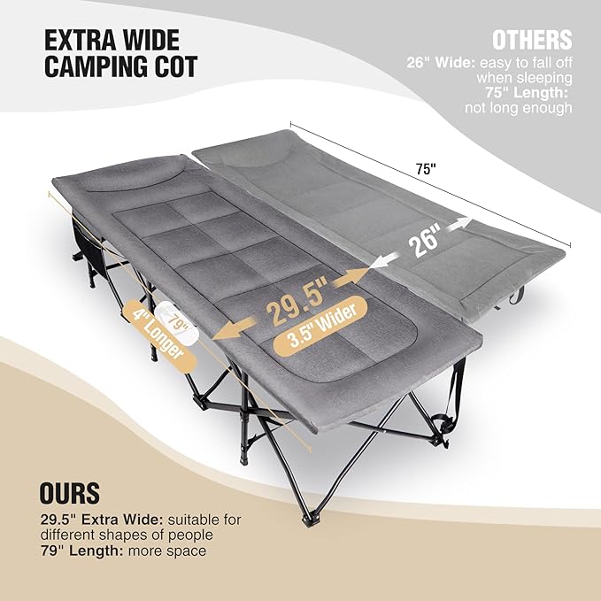 REDCAMP XXL Camping Cot for Adults 500lbs,79" L x 29.5" W x 18" H Oversized Sleeping Cot with Pad and Pillow, Camp Cot Bed for Tent, Office