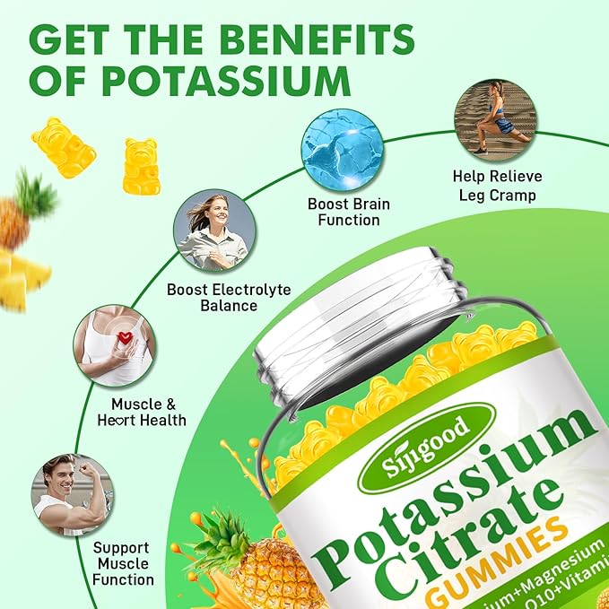 Potassium Citrate Gummies – High Potency Potassium Supplement for Muscle Health, Leg Cramp Relief, Electrolyte Balance – Vegan, Non-GMO, Gluten-Free, Pineapple Flavor, 60 Count