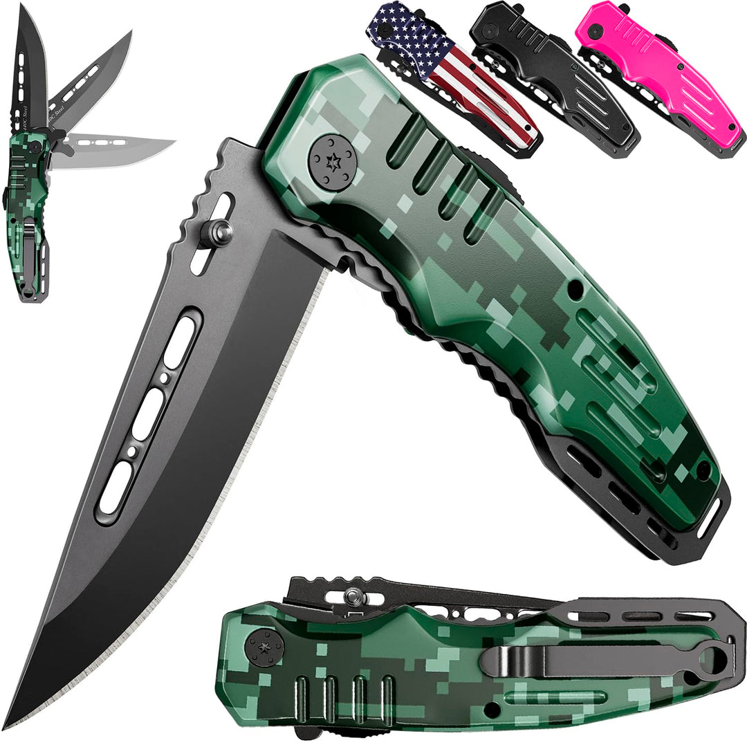 Spring Assisted Knife - Pocket Folding Knife - Military Style - Tactical Knife - Good for Camping Hunting Survival Indoor and Outdoor Activities Mens Gift 6681 N