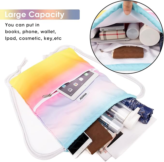 WANDF Drawstring Backpack String Bag Sackpack Cinch Water Resistant Nylon for Gym Shopping Sport Yoga (Rain bow)