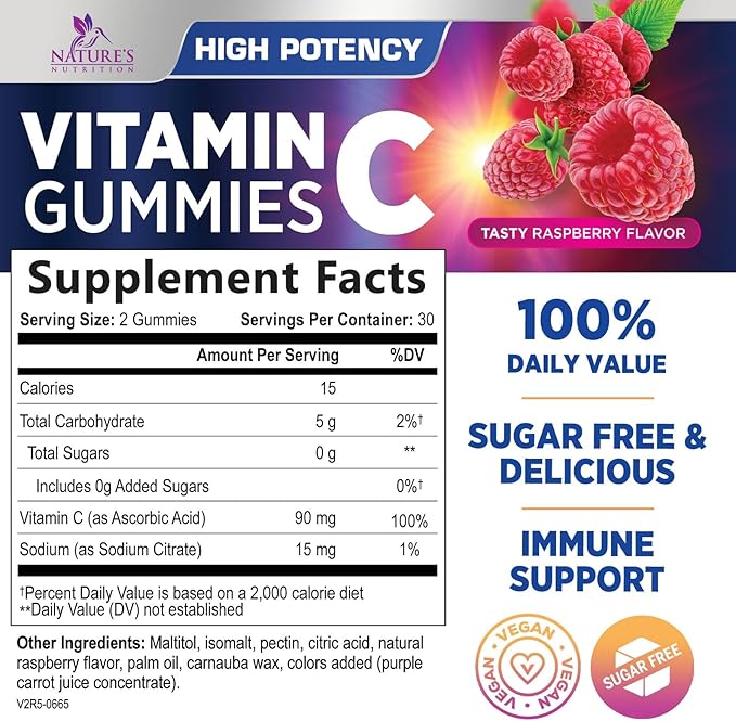 Zero Sugar Vitamin C Gummies - Immune Support & Antioxidant VitaminC Dietary Supplement - Vegan, Non-GMO, Dairy & Gluten Free C Vitamin Gummy - Raspberry Flavor for Kids & Adults - 60 Count Gummies