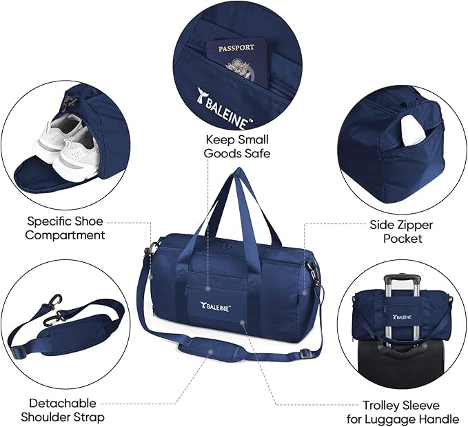 BALEINE Gym Bag for Women and Men, Duffel Bag for Sports, Gyms and Weekend Getaway, Waterproof Dufflebag with Shoe and Wet Clothes Compartments, Lightweight Carryon Gymbag (Blue)