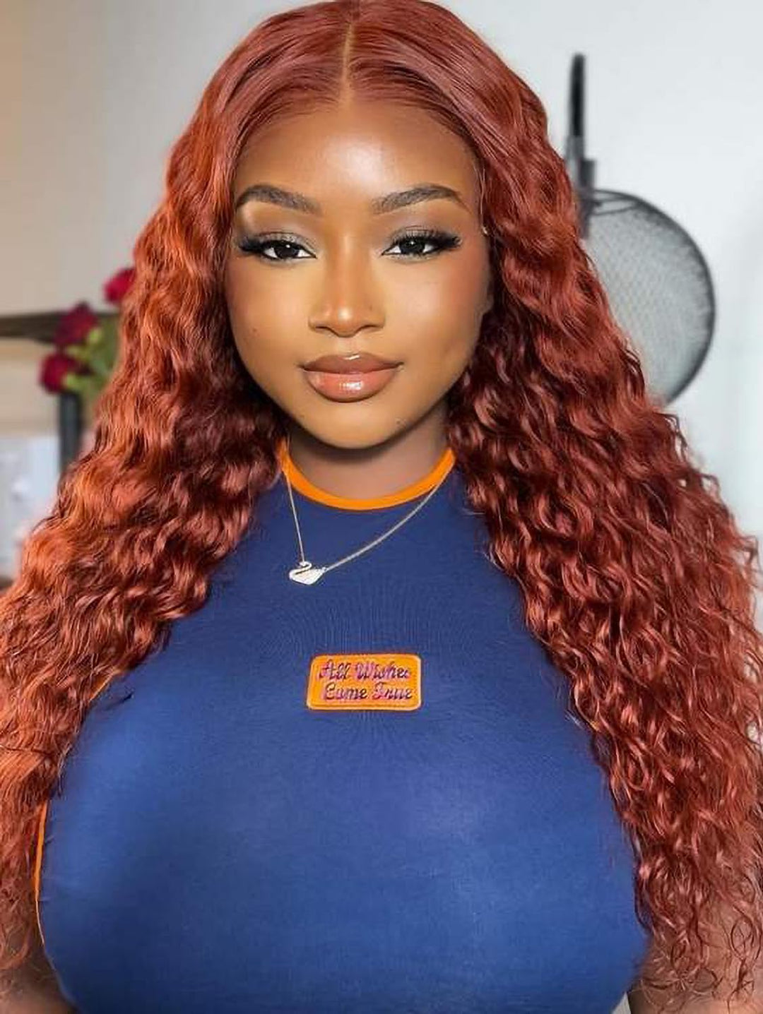 Mairead Reddish Brown Lace Front Wigs For Black Women 28 Inch Curly Wig Cooper Red Deep Wave Wig 4'' Simulated Scalp Middle Part