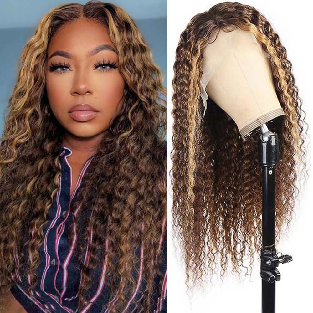 Highlight Ombre Curly Lace Front Wig Human Hair 180% Density Honey Blonde Deep Wave Lace Front Wigs Human Hair 13X4 Swiss Human
