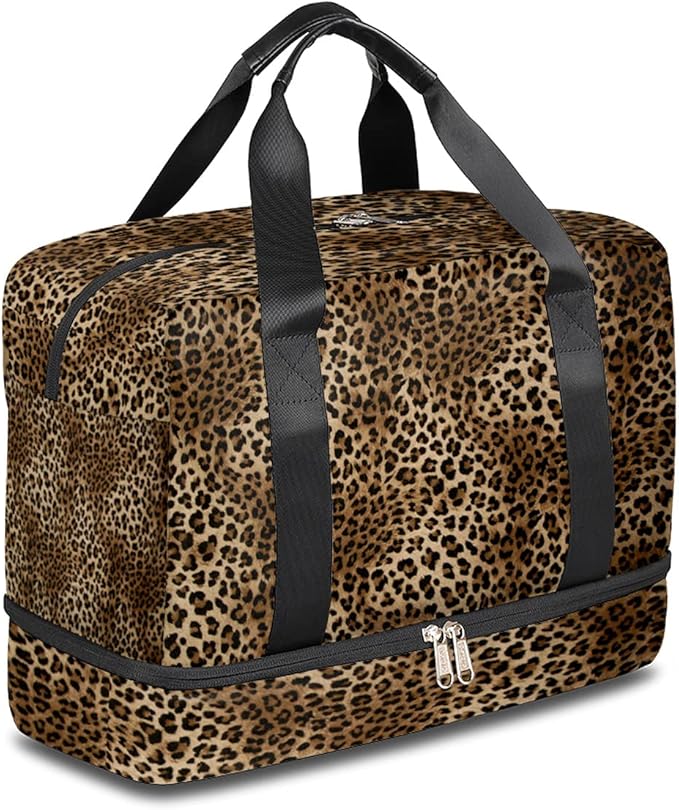 TropicalLife Leopard Print Waterproof Duffel Bag, Sports Tote Gym Bag, Animal Print Weekender Overnight Bag with Shoes Compartment for Men Women