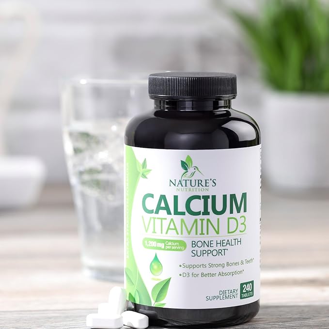 Calcium Supplement with Vitamin D - 1200 mg Calcium Carbonate with 1600 IU of D3 Vitamins - Supports Bone Strength, Teeth & Immune System - Natural & Easily Absorbable for Women & Men - 240 Tablets