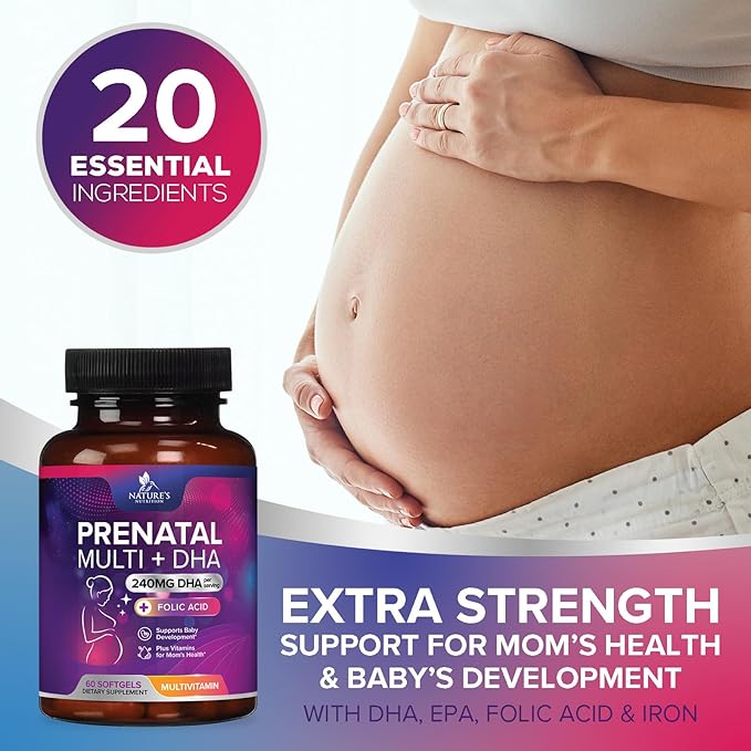Prenatal Vitamins for Women with Folate & DHA, Prenatal Multivitamin Supports Brain Development with Folic Acid, Omega 3, Vitamin A, C, D, B6, B12 & Iron, Pregnancy Supplement, Non-GMO - 60 Softgels
