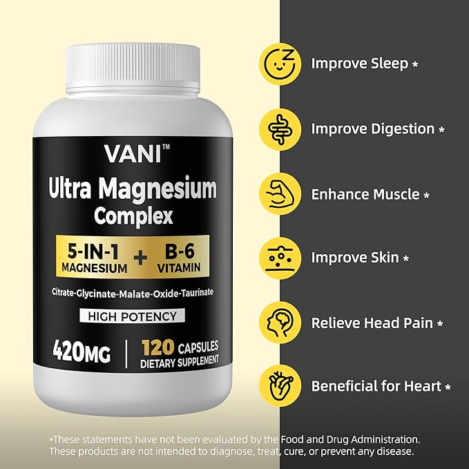 Magnesium Glycinate, （420mg） 5 in 1 Magnesium Complex & B6 Supplement for Nerve, Heart, Muscle Health & Relaxation*, Maximum Bioavailability & Absorption, Gluten Free, 120 Vegan Capsules