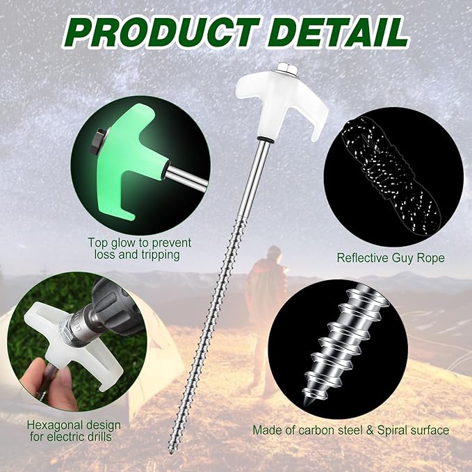 20 Pcs 8'' Screw in Tent Stakes Heavy Duty Camping Stakes Ground Anchors Metal Canopy Stakes Tent Spikes Stake Pegs with 4 x 10 ft Ropes for Sand Hiking Travel with Hex Head Driver(White)