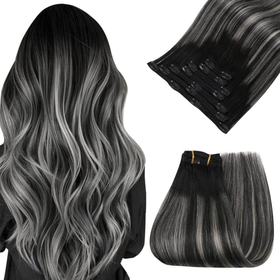 Easyouth Clip In Hair Extensions Real Human Hair Ombre Hair Extensions Clip Ins Real Human Hair Blend Of Black And Silver With B