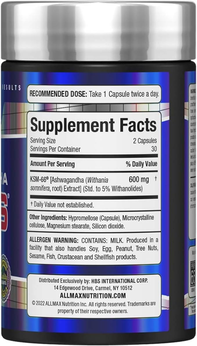 ALLMAX Essentials Ashwagandha KSM-66 (60 Veggie Caps) - Increase Muscle Strength & Recovery - Non-GMO, Gluten Free - 30 Servings