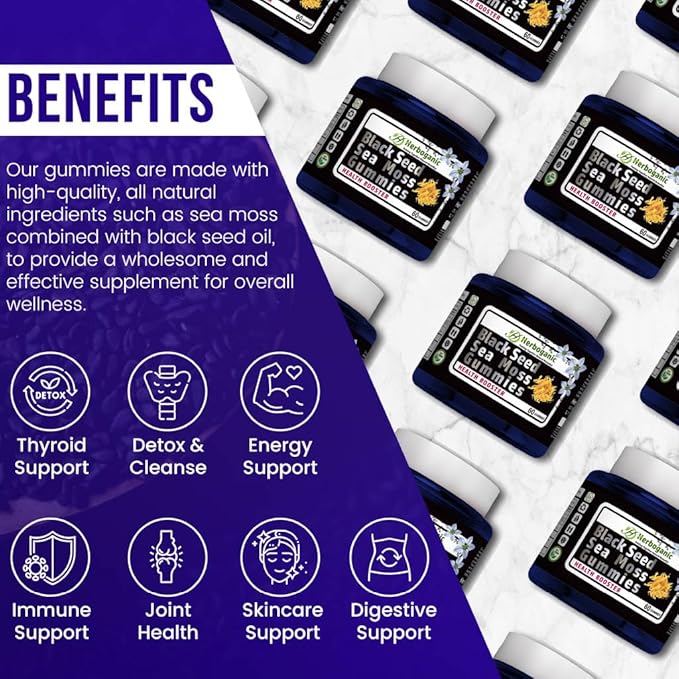 Black Seed Sea Moss Gummies - Natural Dietary and Herbal Supplement for Skin and Energy Support with Sea Moss, Boost Immune System - 60 Gummies