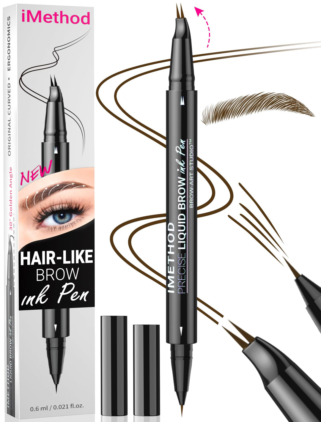 iMethod Curved Eyebrow Pen - Eyebrow Pencil, Brow Pencil 2-in-1 Dual-Ended Microblading Eyebrow Pen with Micro-Fork-Tip and Precise Brush-Tip Create Natural Hair-Like Brows, Last All-Day, Dark Brown