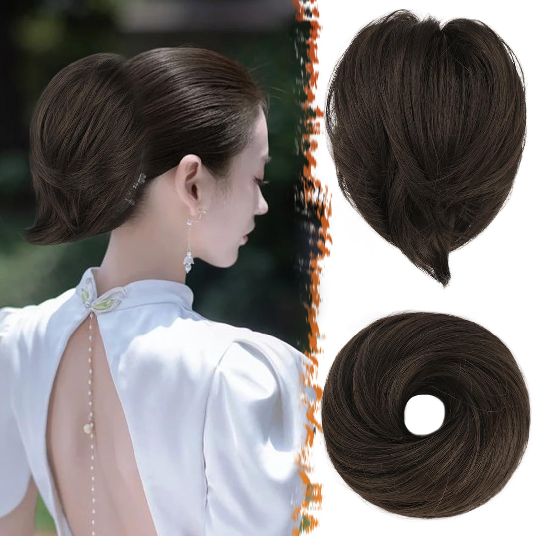 BARSDAR Straight Brown Hair Bun Extensions - Short Straight Ponytail Hair Bun Extensions for Women, Synthetic Elastic Messy Bun Hair Scrunchies Hairpieces Daily - Dark Brown Mixed