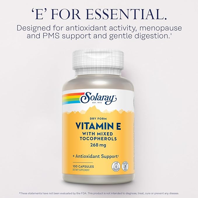 SOLARAY Vitamin E 400 IU (268mg), Dry Form - Natural Source, Mixed Tocopherols Vitamin E - Antioxidant Supplement, PMS and Menopause Support - 60-Day Guarantee, Lab Verified - 100 Serv, 100 Capsules